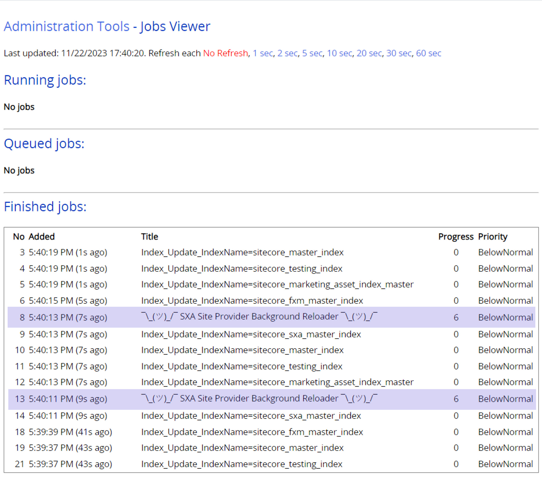 Site Provider Reloader jobs visible in the Sitecore Jobs Viewer